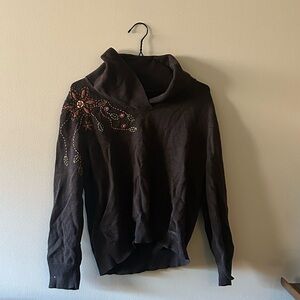 Brown Cowl Neck Embellished Women's Sweater